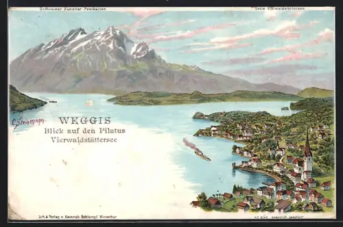Lithographie Weggis, Ortsansicht, Blick auf den Pilatus, Vierwaldstädtersee