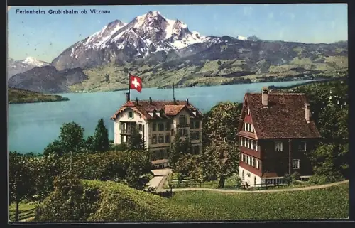 AK Vitznau, Hotel Ferienheim Grubisbalm, Panorama mit See und Alpen