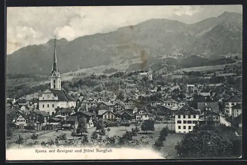AK Kerns, Ortsansicht mit Arvigrat und Hotel Burgfluh, Blick zur Kirche