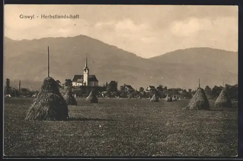 AK Giswyl, Blick zur Kirche, Herbstlandschaft