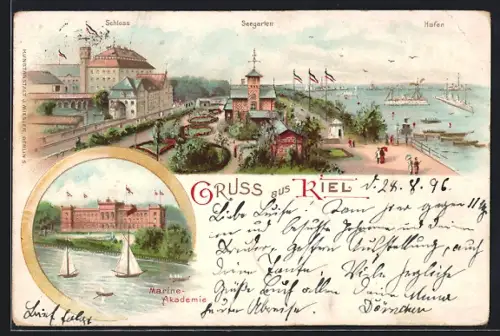 Lithographie Kiel, Marine-Akademie, Schloss, Seegarten