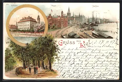 Lithographie Kiel, Düsternbroker Allee, Schloss, Post und Hafen