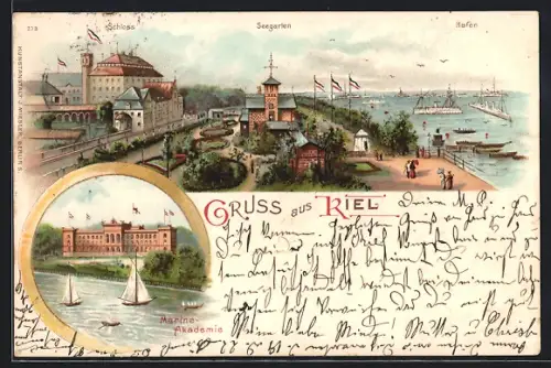 Lithographie Kiel, Marine-Akademie, Schloss, Seegarten