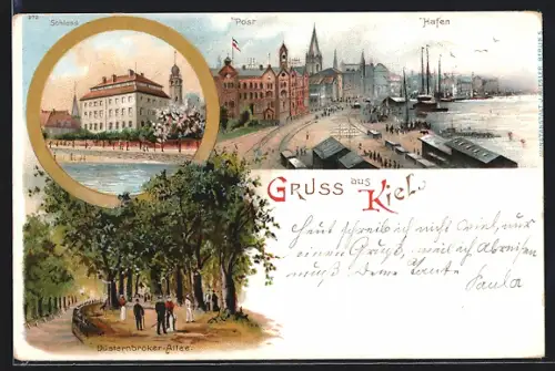 Lithographie Kiel, Hafen, Post, Schloss, Düsternbroker-Allee