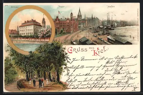 Lithographie Kiel, Schloss, Post, Hafen, Düsternbroker-Allee