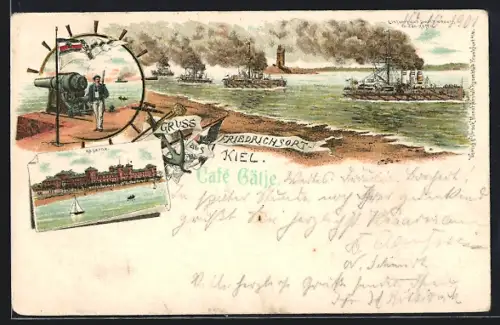 Lithographie Kiel-Friedrichsort, Cafe Gätje, Kaserne, Einfahrt des Geschwaders in den Hafen, Matrose mit Kanone