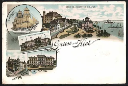 Lithographie Kiel, Börsen-Hotel, Schloss, Seegarten & Hafen, Marineakademie