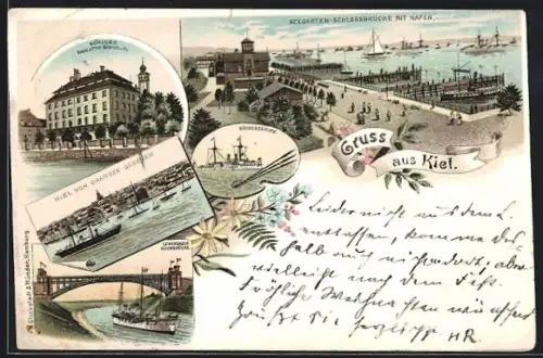 Lithographie Kiel, Schloss und Hafen