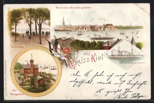Lithographie Kiel, Bellevue, Seegarten, Panorama von Gaarden