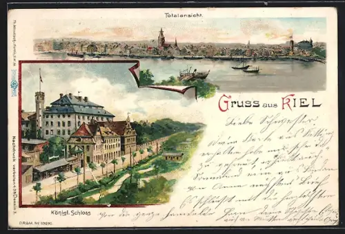 Lithographie Kiel, Königl. Schloss, Ortsansicht