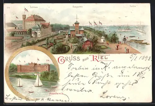 Lithographie Kiel, Marine-Akademie, Schloss, Seegarten