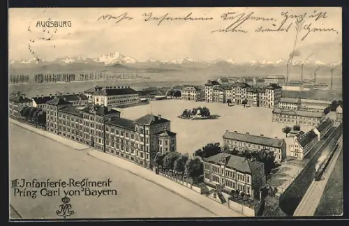 Künstler-AK Augsburg, Kaserne III. Infanterie-Regiment Prinz Carl von Bayern mit Bahn