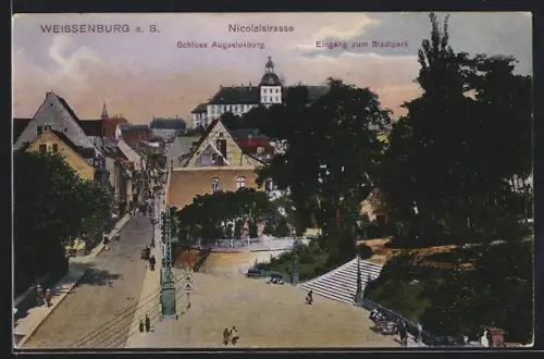 AK Weissenburg a. S., Nicolaistrasse mit Schloss Augustusburg und Eingang zum Stadtpark