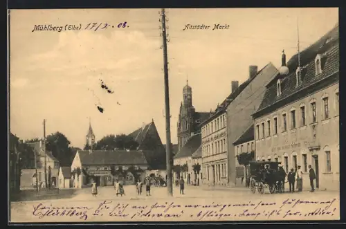 AK Mühlberg /Elbe, Altstädter Markt mit Gasthaus und Kirche