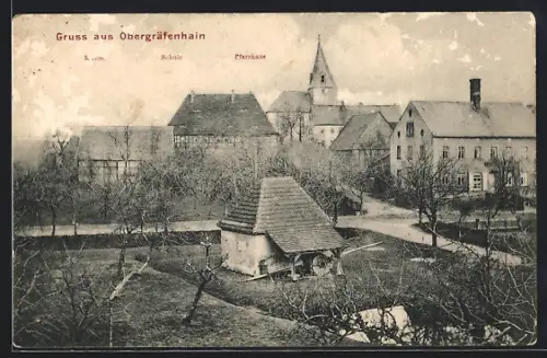 AK Obergräfenhain, Strassenpartie mit Kirche, Pfarrhaus und Schule