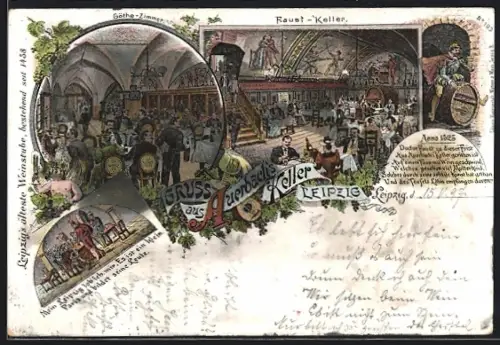 Lithographie Leipzig, Gasthaus Auerbachs Keller, Innenansichten Faust-Keller u. Göthe-Zimmer