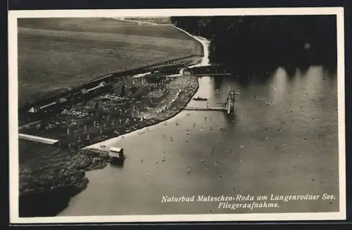 AK Mutzschen-Roda am Langenrodaer See, Strand, Fliegeraufnahme