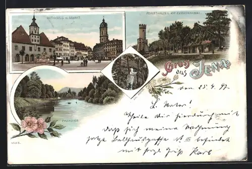 Lithographie Jena, Rathaus und Markt, Forsthaus und Kriegerdenkmal