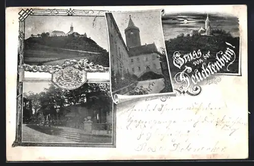 AK Leuchtenburg / Kahla, Schloss bei Mondschein, Turm, Ortspartie