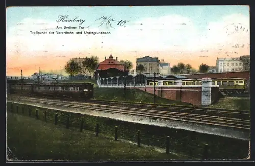 AK Hamburg-St.Georg, Am Berliner Tor, Treffpunkt der Vorortbahn und Untergrundbahn