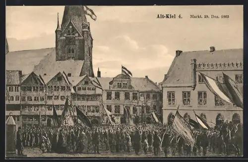 Künstler-AK Alt-Kiel, Menschenmenge mit Fahnen am Markt