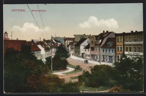 AK Artern, Bismarckplatz mit Geschäften
