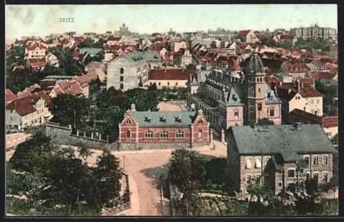 AK Zeitz, Teilansicht mit Kirche und Strassenpartie