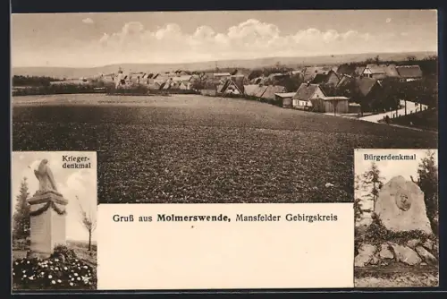 AK Molmerswende /Mansfelder Gebirgskreis, Teilansicht, Kriegerdenkmal, Bürgerdenkmal