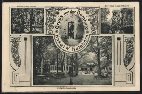 AK Hakel b. Heteborn, Gasthaus Domburg, Botanischer Garten, Neuer Aussichtsturm