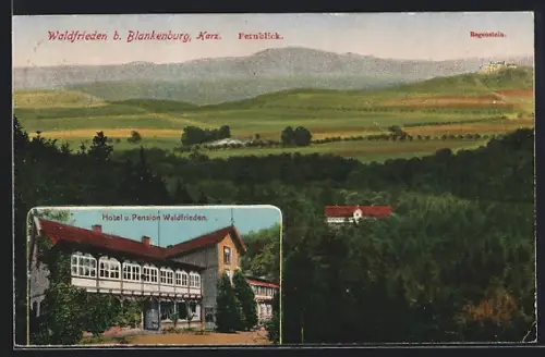 AK Blankenburg /Harz, Hotel und Pension Waldfrieden, Fernblick mit Regenstein