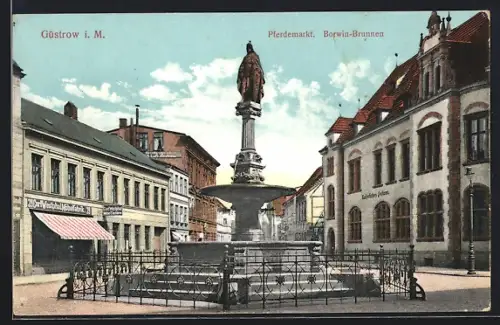 AK Güstrow i. M., Pferdemarkt, Borwin-Brunnen
