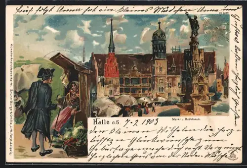 Lithographie Halle /Saale, Markt und Rathaus, Hallore beim Einkauf auf dem Wochenmarkt