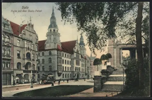 AK Halle a. Saale, Partie mit dem Justiz-Palast, Strassenbahn