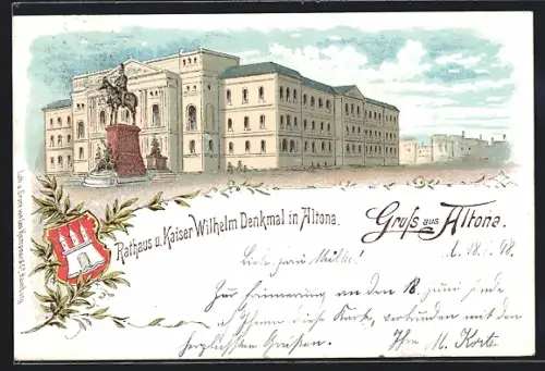 Lithographie Hamburg-Altona, Rathaus und Kaiser Wilhelm-Denkmal, Wappen