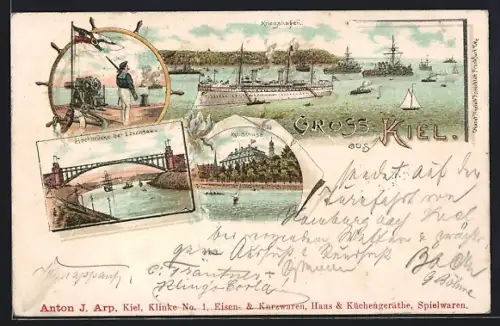 Lithographie Kiel, Kriegshafen, Kgl. Schloss, Hochbrücke bei Levensau
