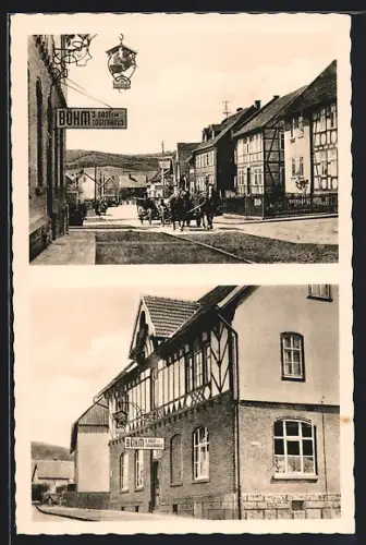 AK Floh /Thür., Gasthaus Böhm, Strassenansicht, Fachwerkhäuser