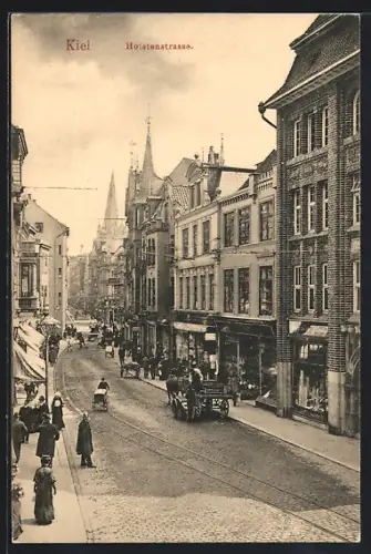 AK Kiel, Holstenstrasse, Strassenszene mit Geschäften und Passanten, Fuhrwerk