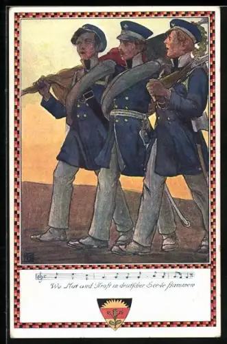 Künstler-AK Karl Friedrich Gsur, Deutscher Schulverein NR 369: Soldaten mit Deutschlandfahne und Gewehren singen