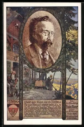 AK Deutscher Schulverein NR 900: Anton Ohorn, Porträt, Bärtiger Mann sitzt vor seinem Haus