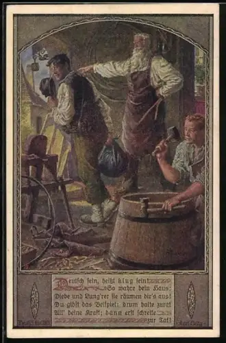 Künstler-AK Kuderna: Deutscher Schulverein NR 803: Fassbauer entlässt einen Arbeiter, Spruch