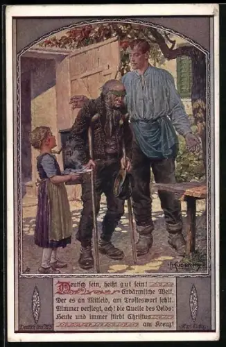 Künstler-AK Franz Kuderna: Deutscher Schulverein Nr. 805, Mann und Tochter bieten altem Mann Sitzplatz und Essen an