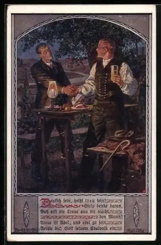 Künstler-AK Kuderna: Deutsch sein, heisst treu sein, Zwei Männer begrüssen sich beim Essen, Deutscher Schulverein