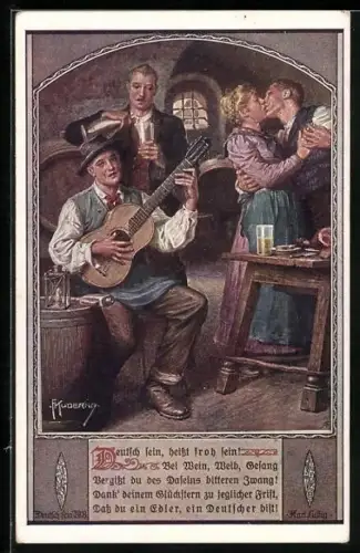 Künstler-AK Franz Kuderna, Deutscher Schulverein Nr. 808: Liebespaar küsst sich, während Mann Gitarre spielt