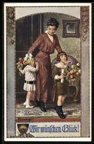 Künstler-AK Franz Kuderna: Deutscher Schulverein Nr. 827: Kinder bringen der Mutter Blumen, Wir wünschen Glück