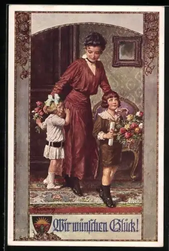 Künstler-AK Franz Kuderna: Deutscher Schulverein Nr. 827: Kinder bringen der Mutter Blumen, Wir wünschen Glück