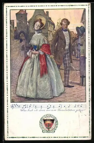 Künstler-AK Karl Friedrich Gsur: Deutscher Schulverein Nr. 40: Lied: Was haab ich denn meinem..., Dame u. Herr mit Hut