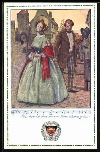 Künstler-AK Karl Friedrich Gsur: Deutscher Schulverein Nr. 40: Lied: Was haab ich denn meinem..., Dame u. Herr mit Hut