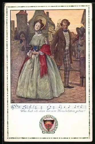 Künstler-AK Karl Friedrich Gsur: Deutscher Schulverein Nr. 40: Lied: Was haab ich denn meinem..., Dame u. Herr mit Hut