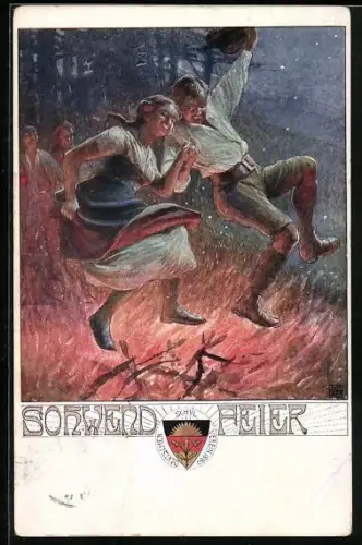 Künstler-AK Karl Friedrich Gsur: Deutscher Schulverein, Tanzende Menschen auf einer Sonnwendfeier