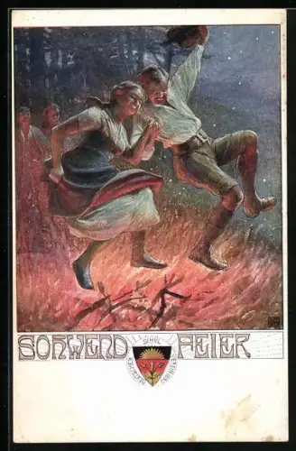 Künstler-AK Karl Friedrich Gsur: Deutscher Schulverein, Tanzende Menschen auf einer Sonnwendfeier